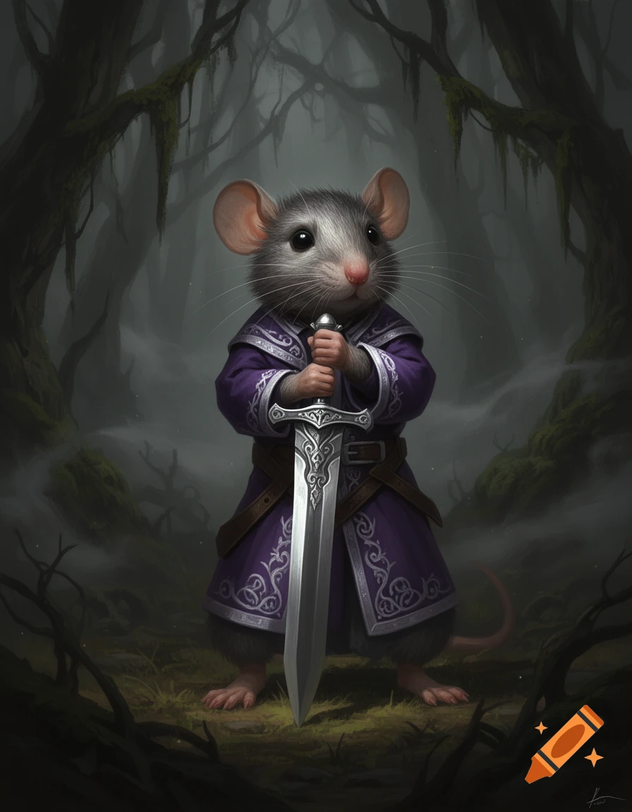 A small D&D style mouse guardian in a purple robe holds a two-handed sword in a dark, misty forest, fantasy art.