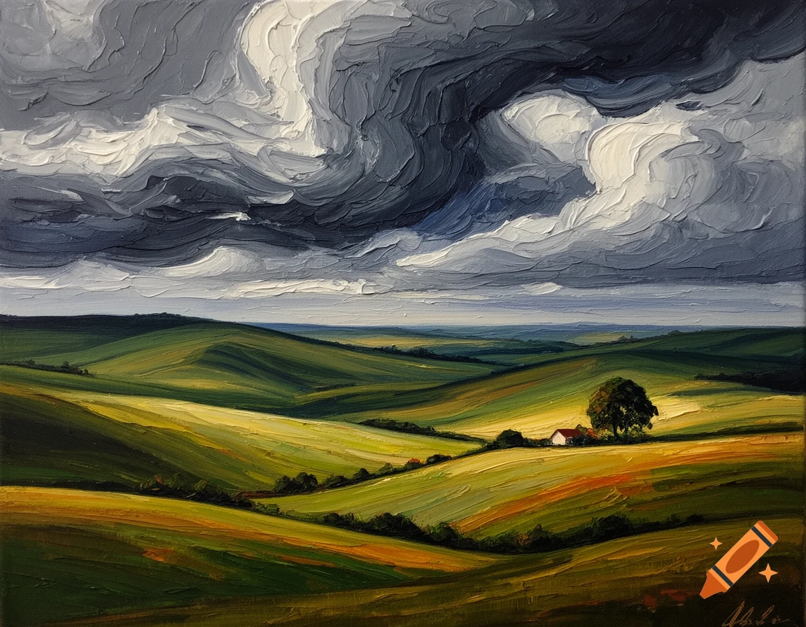 Textured palette knife painting of green and gold rolling hills under a dramatic, swirling storm cloud sky, with a small house.