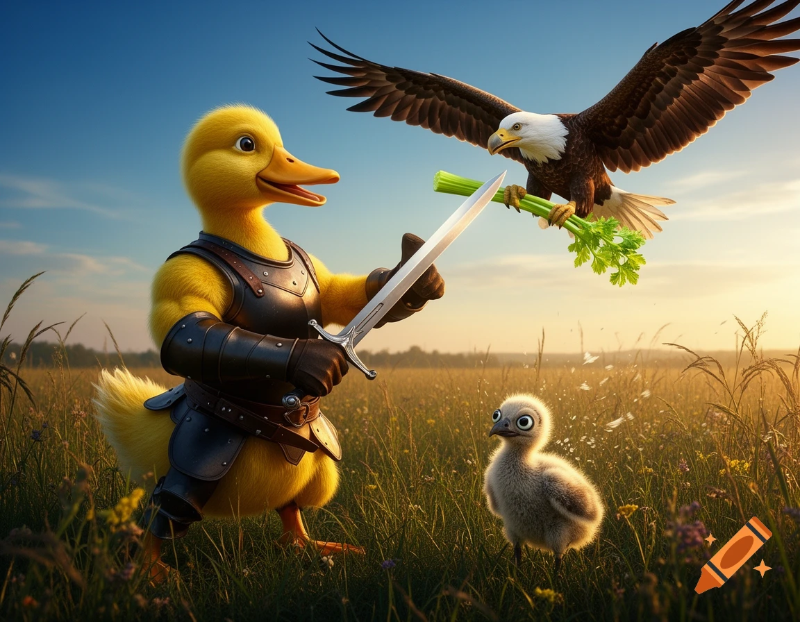 A yellow duck-man in armor holds a sword, facing a bald eagle flying with celery, while a small chick watches in a sunny field.