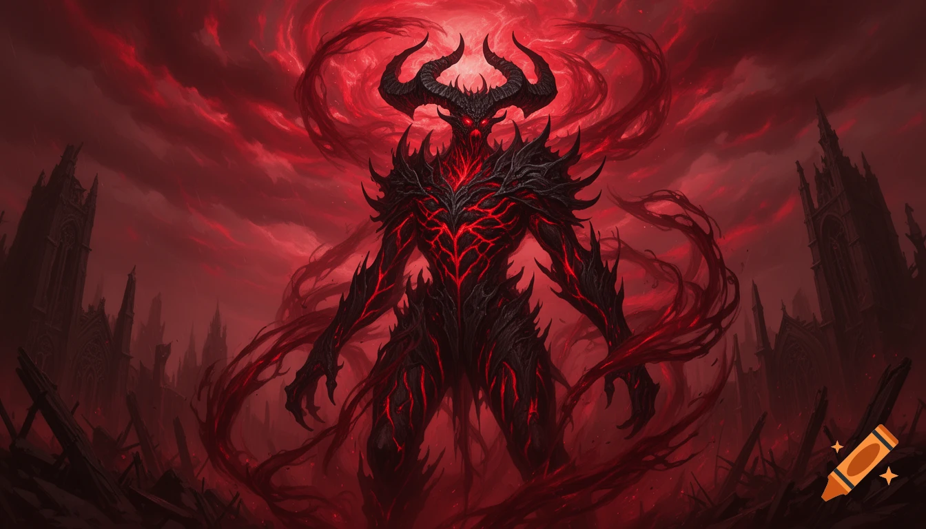 A terrifying blood demon with horns and glowing crimson veins, standing in a ruined gothic battlefield under a stormy red sky, dark fantasy art.