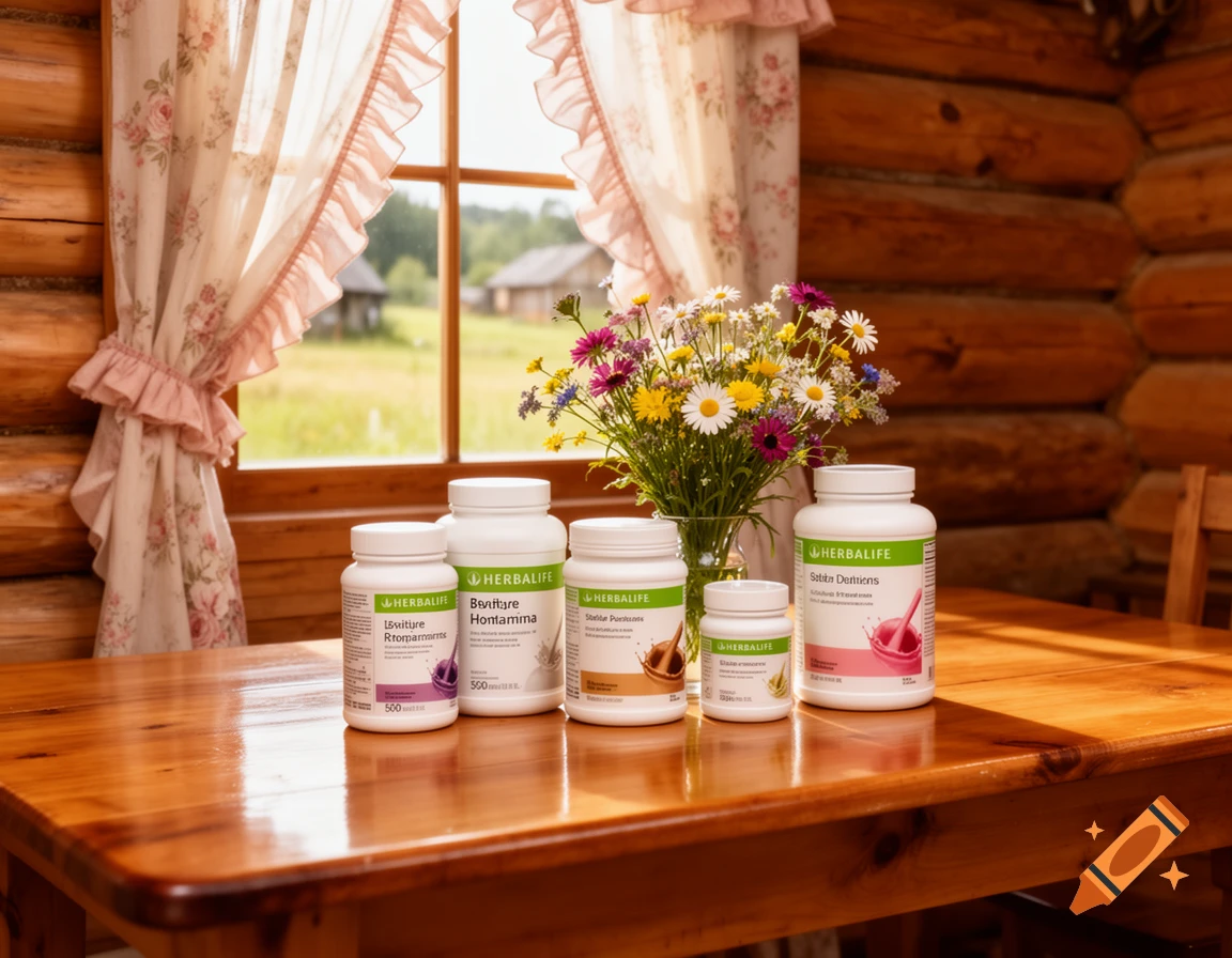 Herbalife supplement bottles on a polished wooden table in a rustic log cabin, with wildflowers in a vase and ruffled floral curtains by a window.