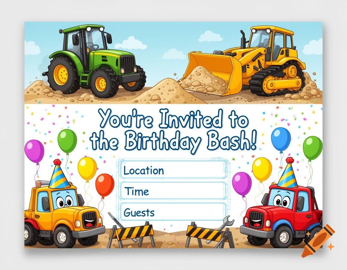 Cartoon birthday invitation with a green tractor and yellow bulldozer on a dirt pile, and two small trucks with party hats, balloons, and confetti.