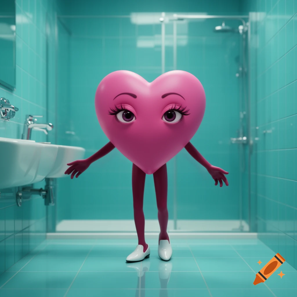 A cartoonish pink heart character with big eyes, long eyelashes, dark pink limbs, and white shoes stands in a turquoise tiled bathroom.