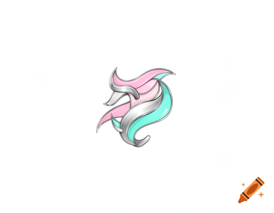 Stylized emblem of intertwining pink, silver, and teal ribbons on a white background.