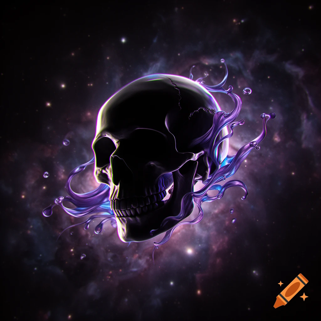 A stylized black skull with glowing purple and blue liquid tendrils floating in a dark cosmic space filled with stars and nebulae.