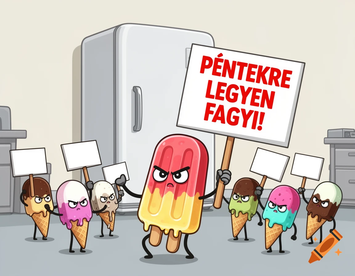 A cartoon of angry ice cream cones and a popsicle protesting in an office breakroom. The main popsicle holds a sign that reads, "Péntekre legyen fagyi!"