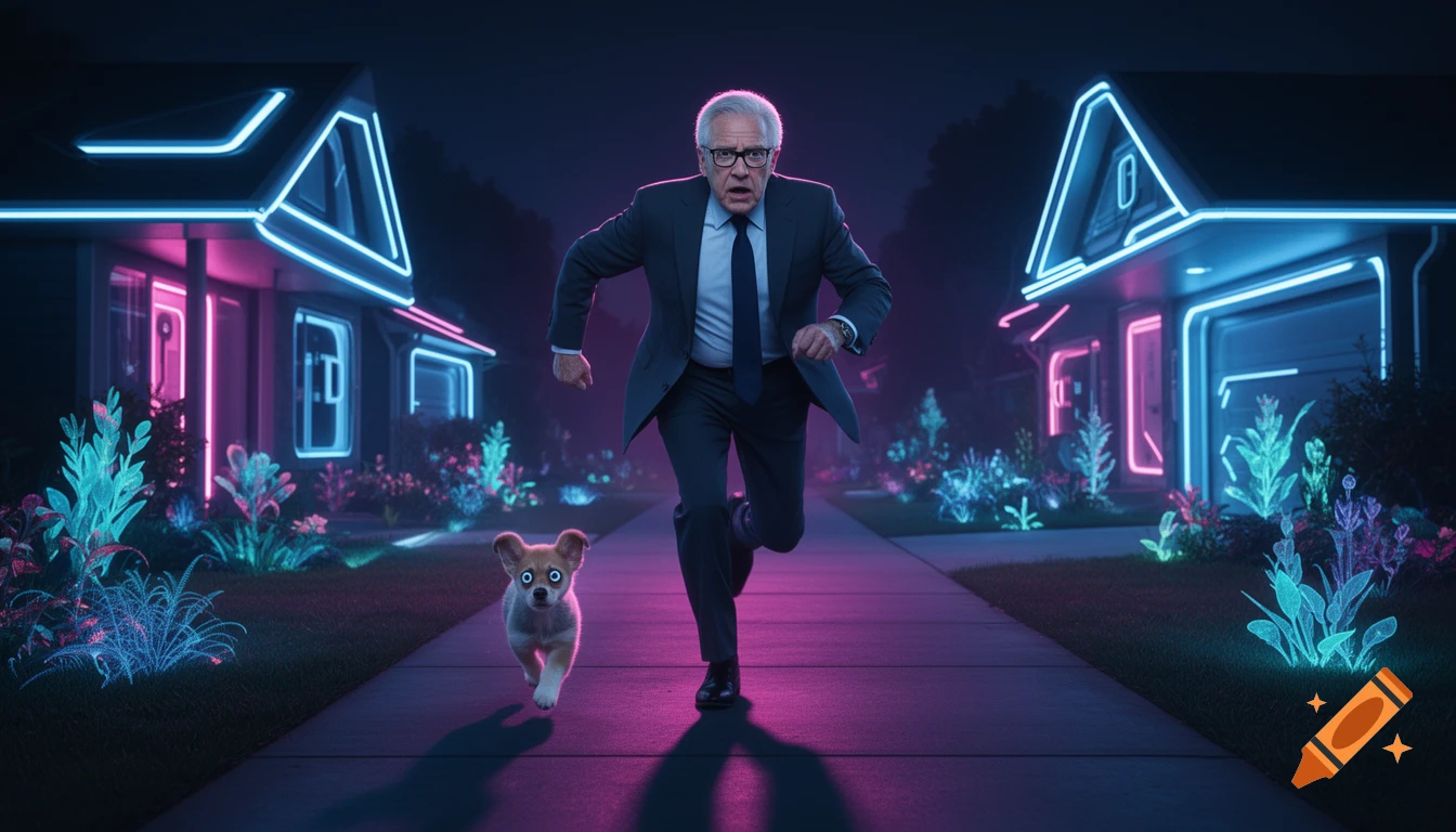 Photorealistic cyberpunk scene of a terrified man in a suit running from a small puppy on a neon-lit street with glowing plants and houses.