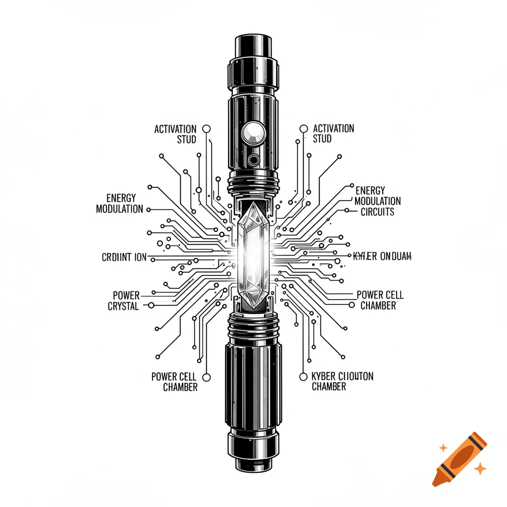 Black and white exploded diagram of a lightsaber hilt showing internal components like a glowing kyber crystal and intricate circuitry.