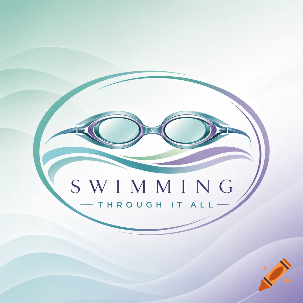 Logo for 'Swimming Through It All' featuring blue and purple swimming goggles within a circular design with abstract waves.