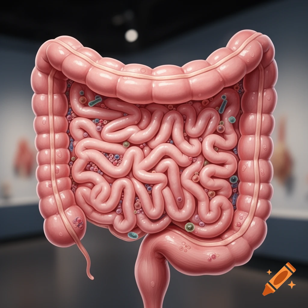 Detailed illustration of the human large and small intestines with visible microorganisms.