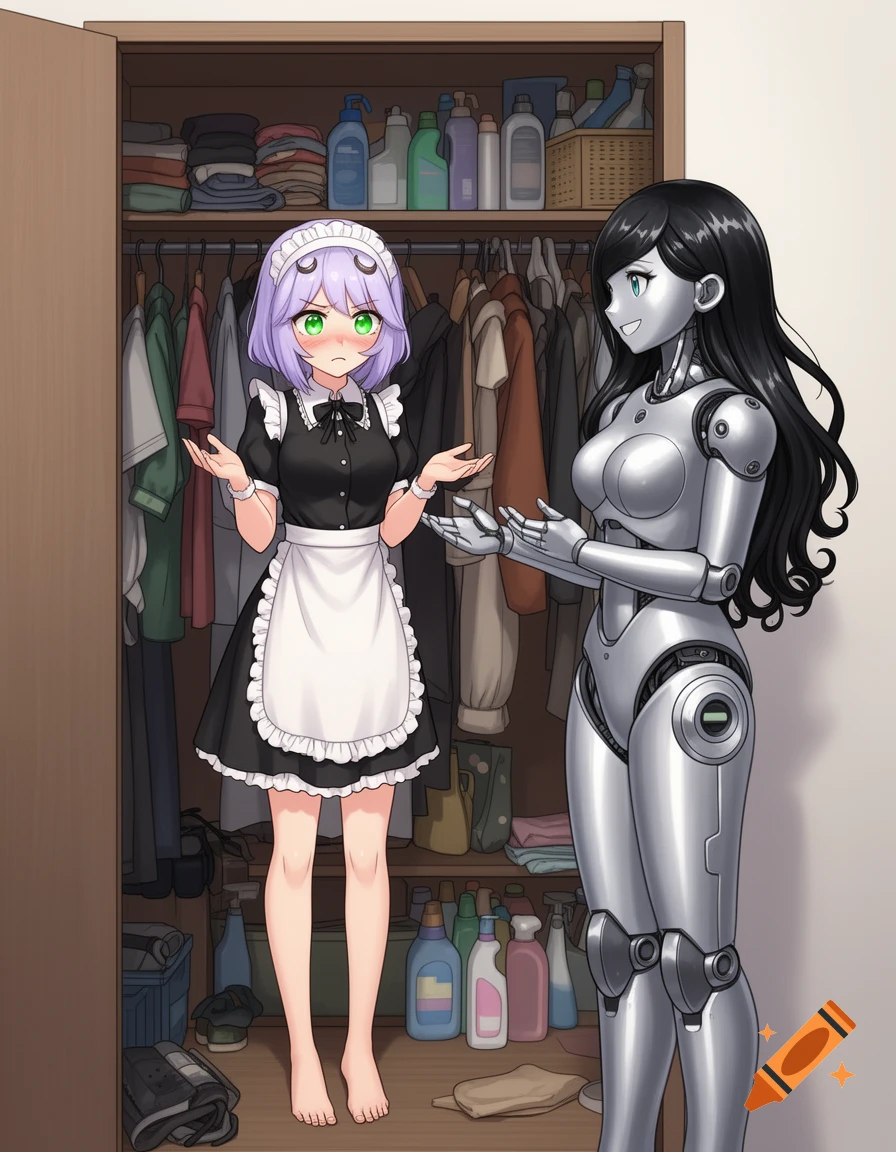 Anime style, an embarrassed maid shrugging in a messy closet while a cheerful humanoid robot gestures at the door.