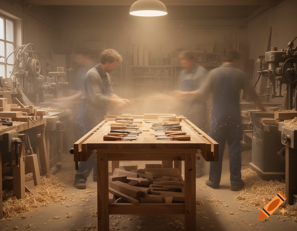 A dusty, sunlit woodworking shop with blurred figures working and a clean workbench covered in chisels.