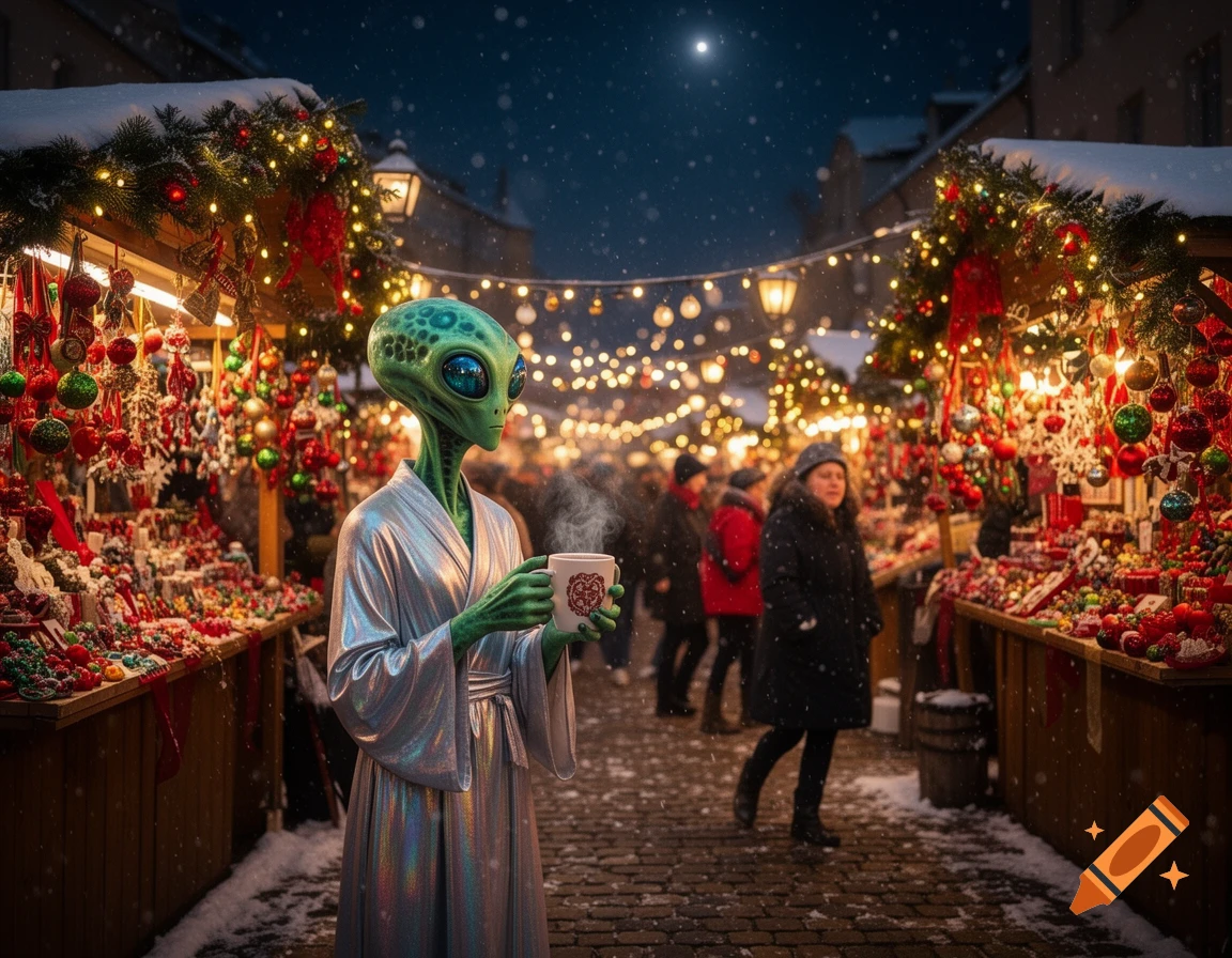 A green alien in a silver robe sips from a steaming mug at a snowy Christmas market, adorned with festive lights and ornaments, under a night sky.