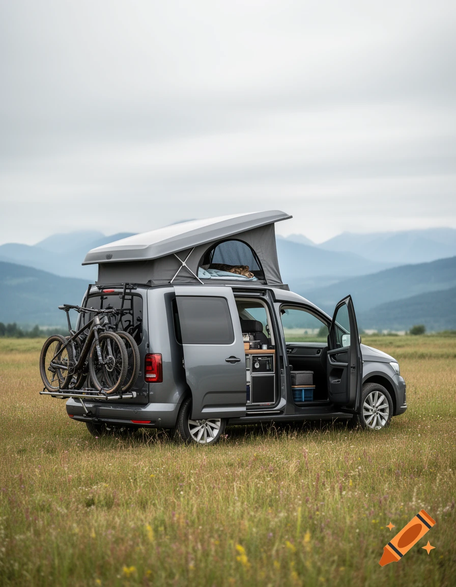 A gray camper van with a pop-up roof tent and two gravel bikes on the back is parked in a grassy field.