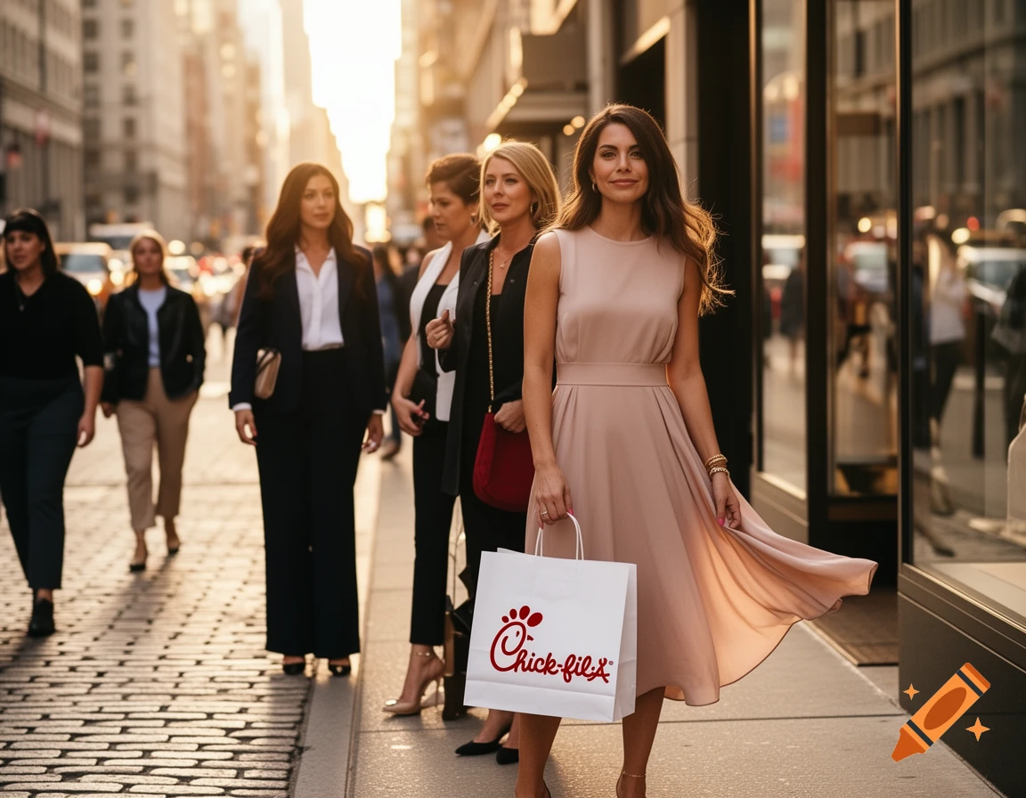 Women walk on a city street at sunset, one in a pink dress holding a Chick-fil-A bag, others in professional attire.