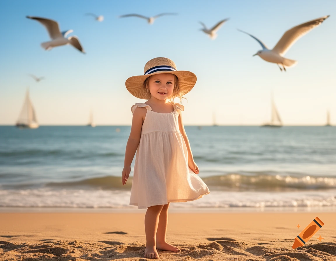 A smiling little girl in a straw hat and dress stands on a sandy beach with the sea, sailboats, and seagulls in the background.