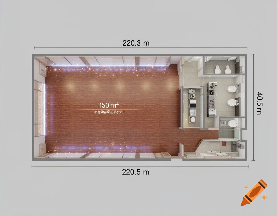 A top-down 3D render of a floor plan for an event hall, showing a large main room with sparkling lights, a kitchen, and multiple restrooms, with dimensions indicated.
