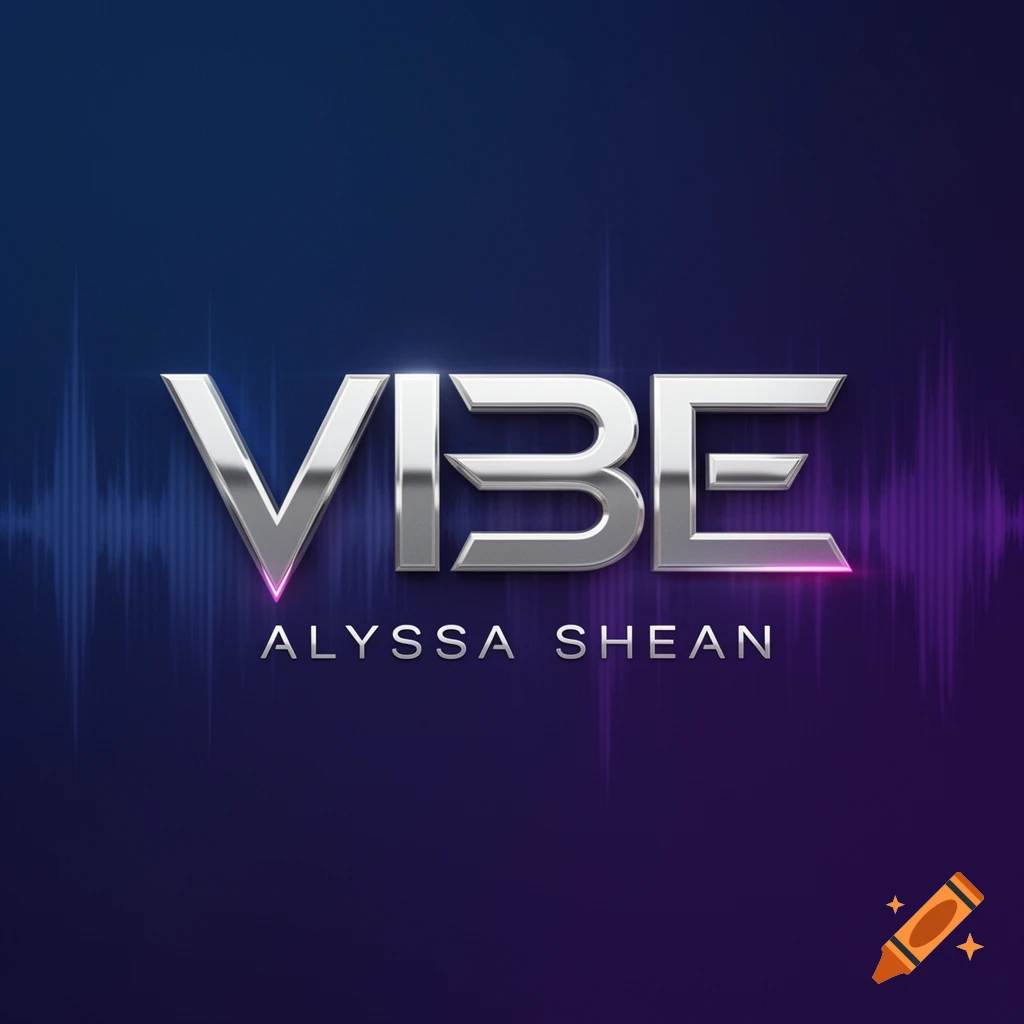 A metallic logo for 'VIBE' above 'ALYSSA SHEAN' on a dark blue and purple background with sound wave graphics.