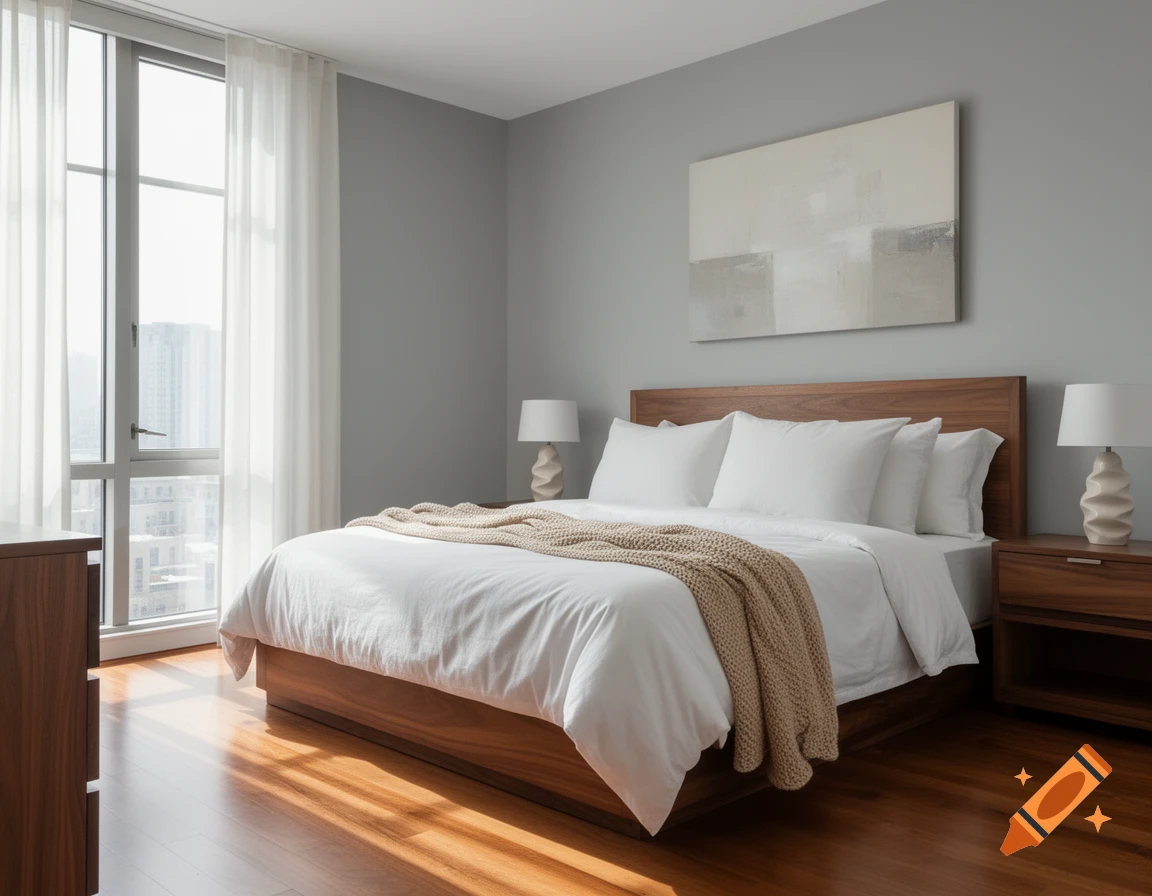 A modern bedroom with a wooden bed frame, white bedding, an abstract painting, and a large window overlooking a city.
