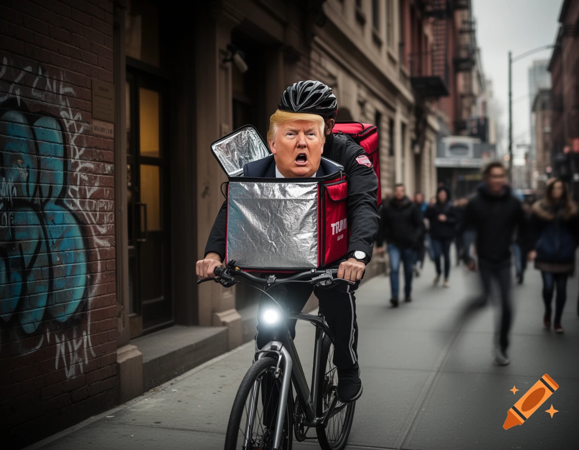 A bicycle delivery man cycles down a city street, with Donald Trump's head peeking out of a red insulated delivery bag on the handlebars.