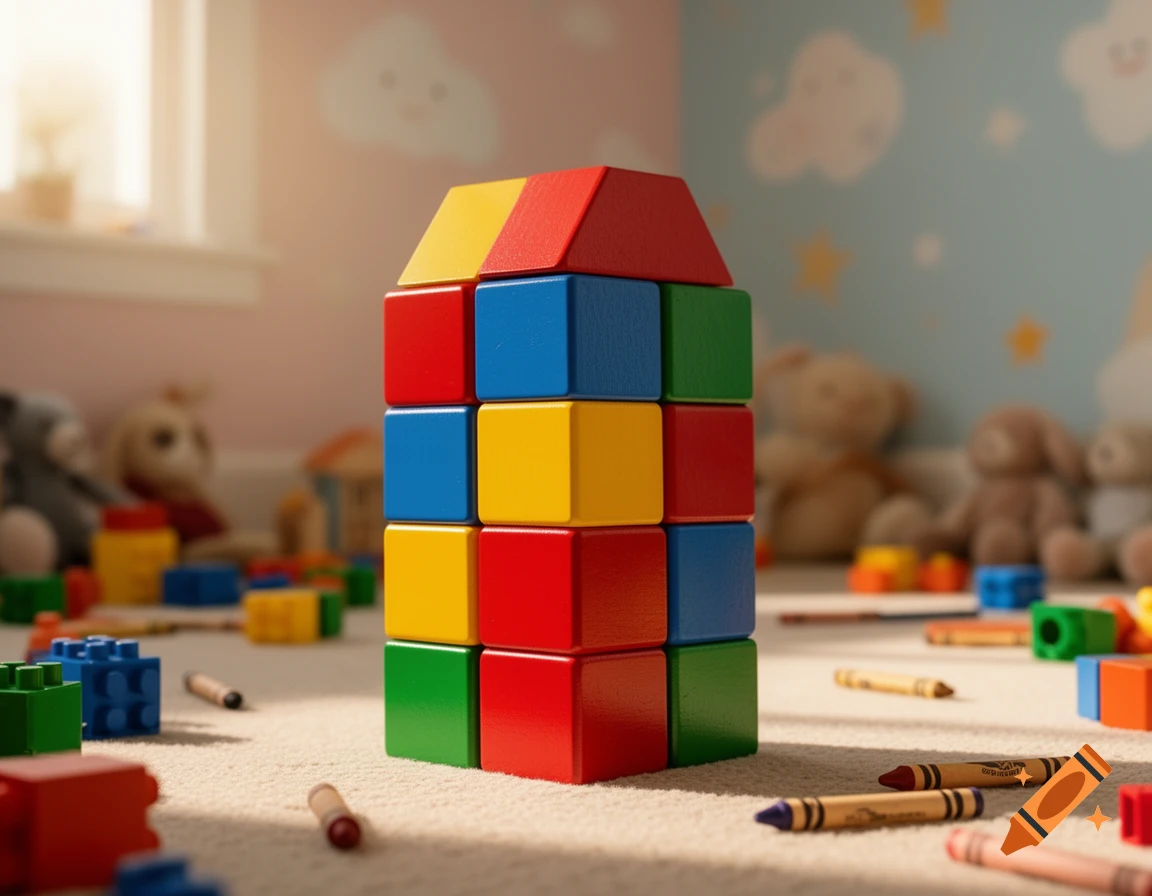 A colorful block tower shaped like a house stands on a carpeted floor in a child's room, surrounded by crayons and blurred stuffed animals.