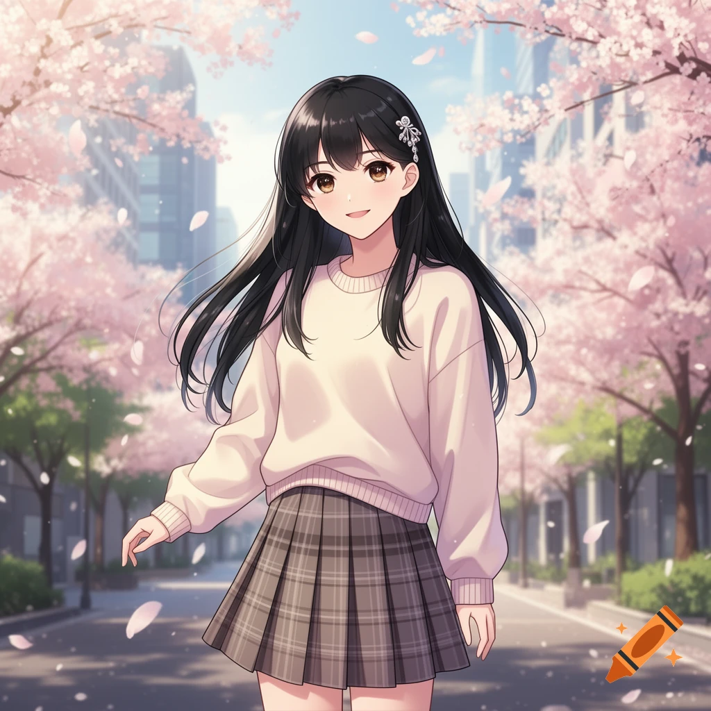 An anime girl with long black hair, wearing a white sweater and plaid skirt, stands on a cherry blossom-lined city street.