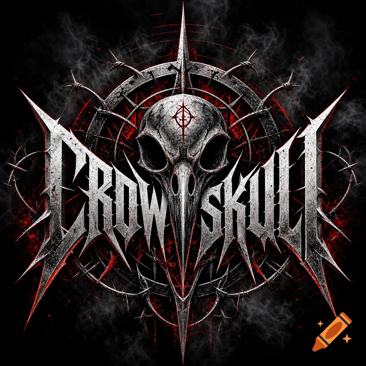 Stylized metal band logo featuring a crow skull, barbed wire, and sharp spikes with red accents, text reads 'CROWSKULL'.