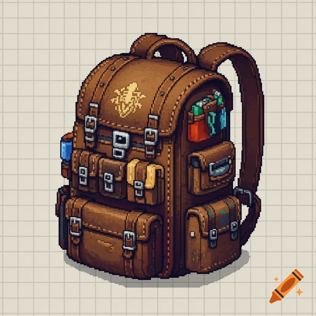 A brown pixel art backpack with multiple pockets, straps, and a golden emblem on the flap, on a light grid background.