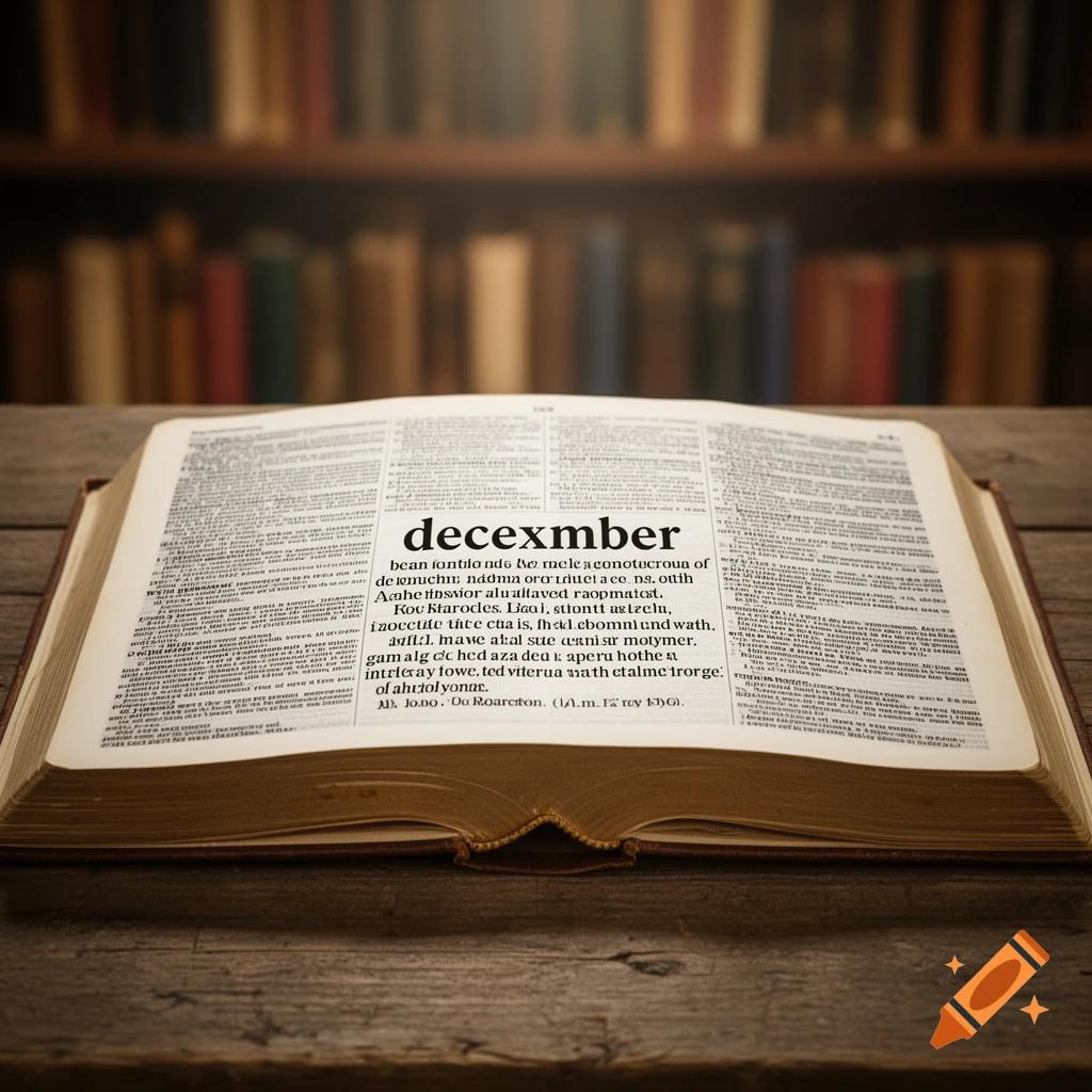 An open dictionary on a wooden table displays 'decexmber' as a prominent entry, with blurred bookshelves in the background.