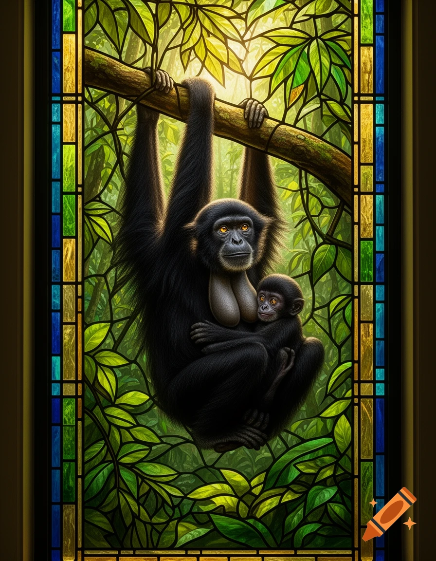 A stained glass artwork of a mother siamang hanging from a branch and breastfeeding her baby in a lush green rainforest.