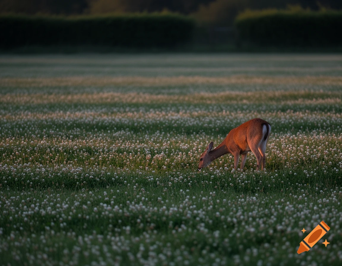 A deer feeds in a field of white clover at dusk, with soft light illuminating its back.