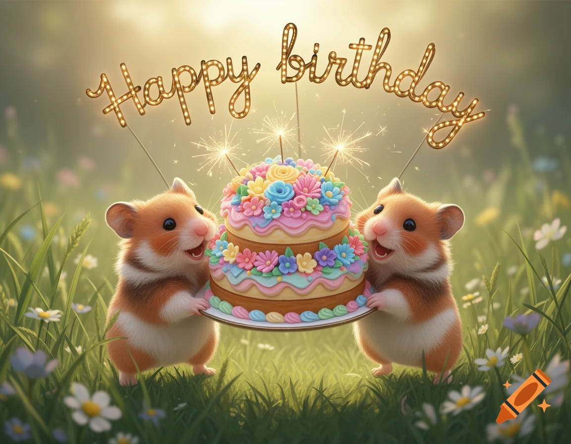 Two cute hamsters holding a colorful birthday cake with sparklers in a sunny field under a 'Happy birthday' sign.
