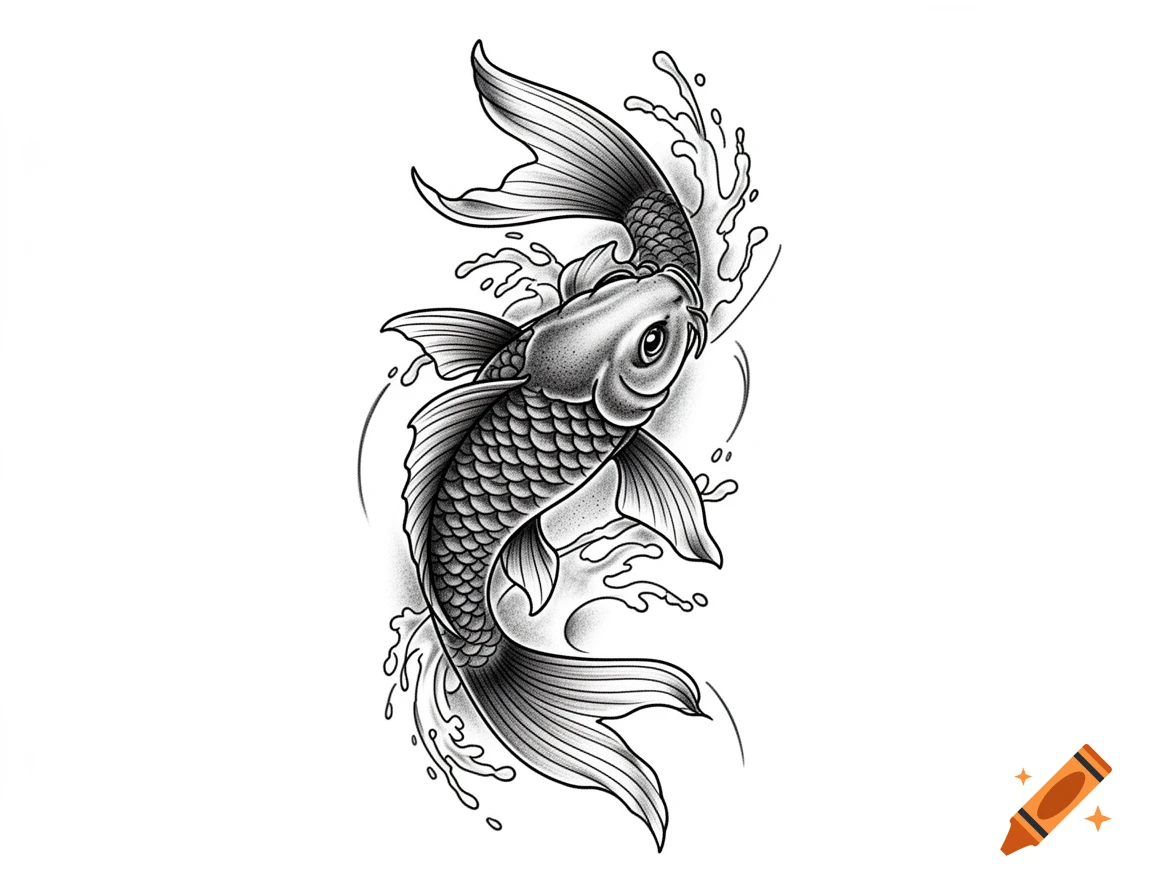 Black and white illustration of a Koi fish leaping from water, in a tattoo art style.