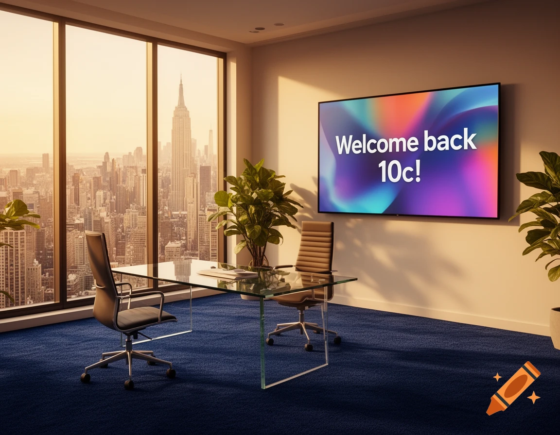 A modern office room with a glass desk, two chairs, and plants, overlooking a city skyline at sunset. A TV screen on the wall displays 'Welcome back 10c!'.