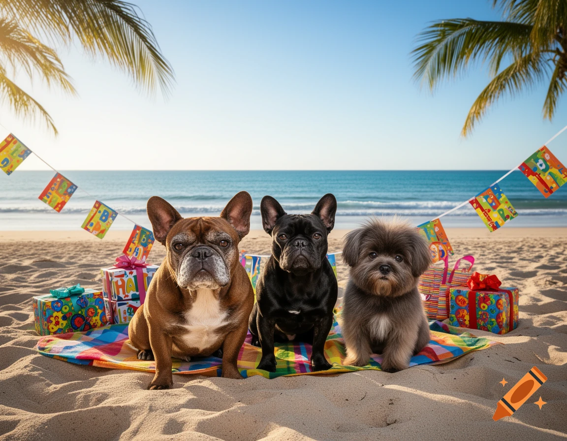 Three dogs, two French Bulldogs and a fluffy small dog, sit on a colorful blanket on a sandy beach with birthday gifts and banners.
