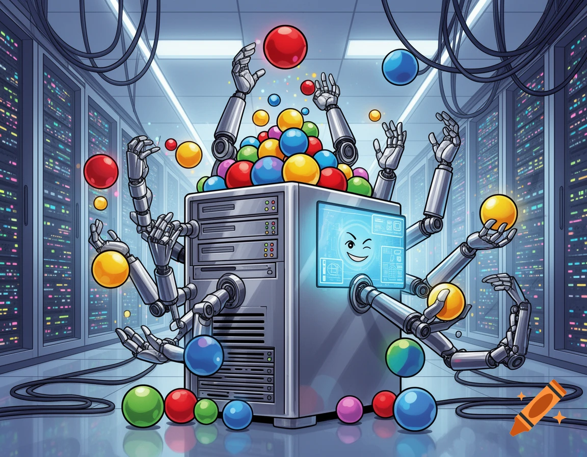 A server computer with multiple robotic arms juggling colorful balls in a server room, in a comic illustration style.
