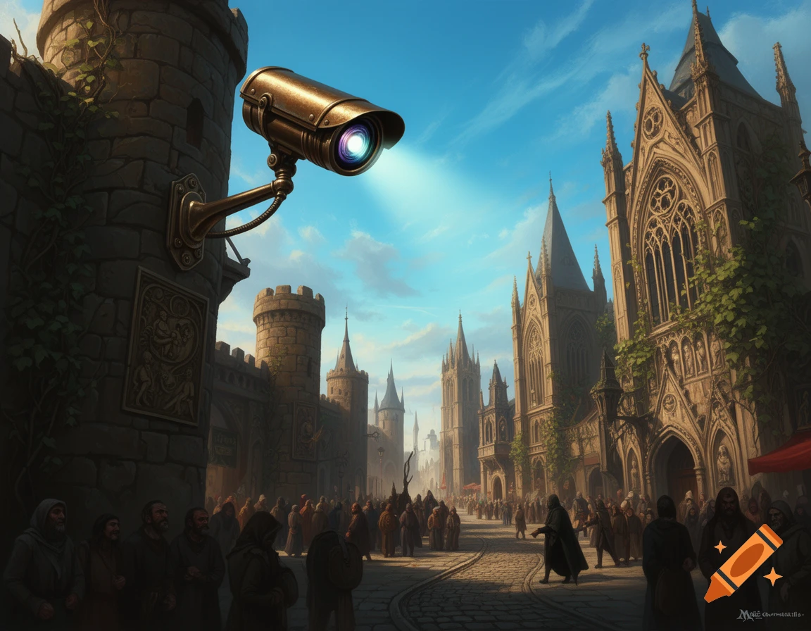 A large bronze security camera mounted on an old stone castle wall overlooks a bustling medieval street with a crowd of people and gothic buildings under a blue sky.