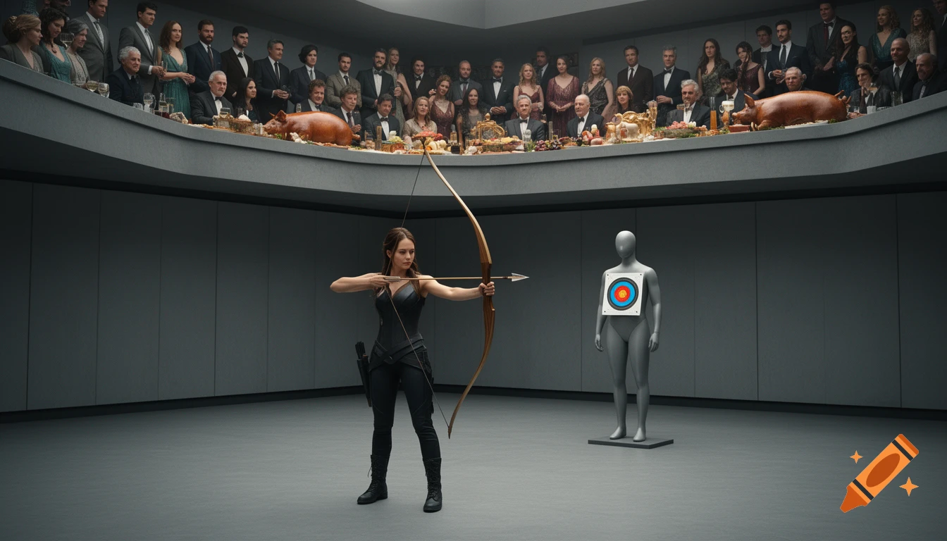 A woman in a black outfit aims a bow at a mannequin target in a gray room, watched by an audience on a balcony with roasted pigs.