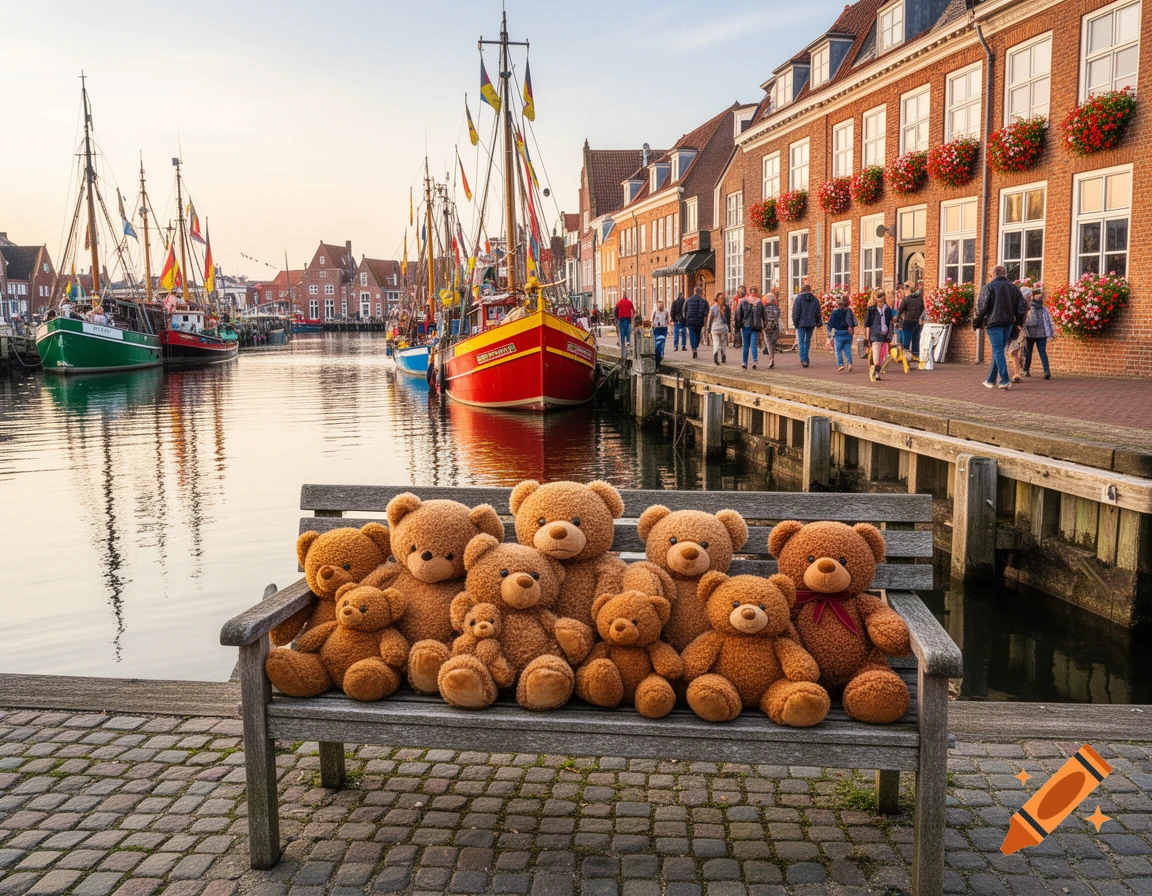 Seven teddy bears sit on a wooden bench by a bustling harbor with historic brick buildings and colorful boats under a clear sky.