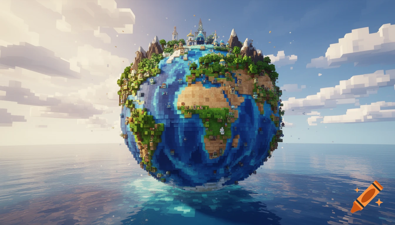 A blocky, Minecraft-style Earth replica floating on water, with block buildings and mountains on its surface under a cloudy sky.