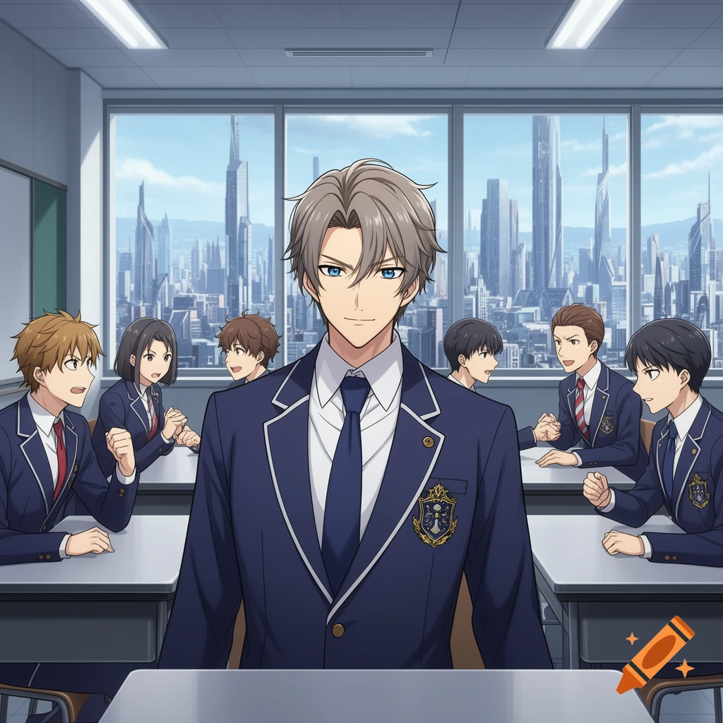 Anime students in a classroom with large windows overlooking a futuristic city skyline.