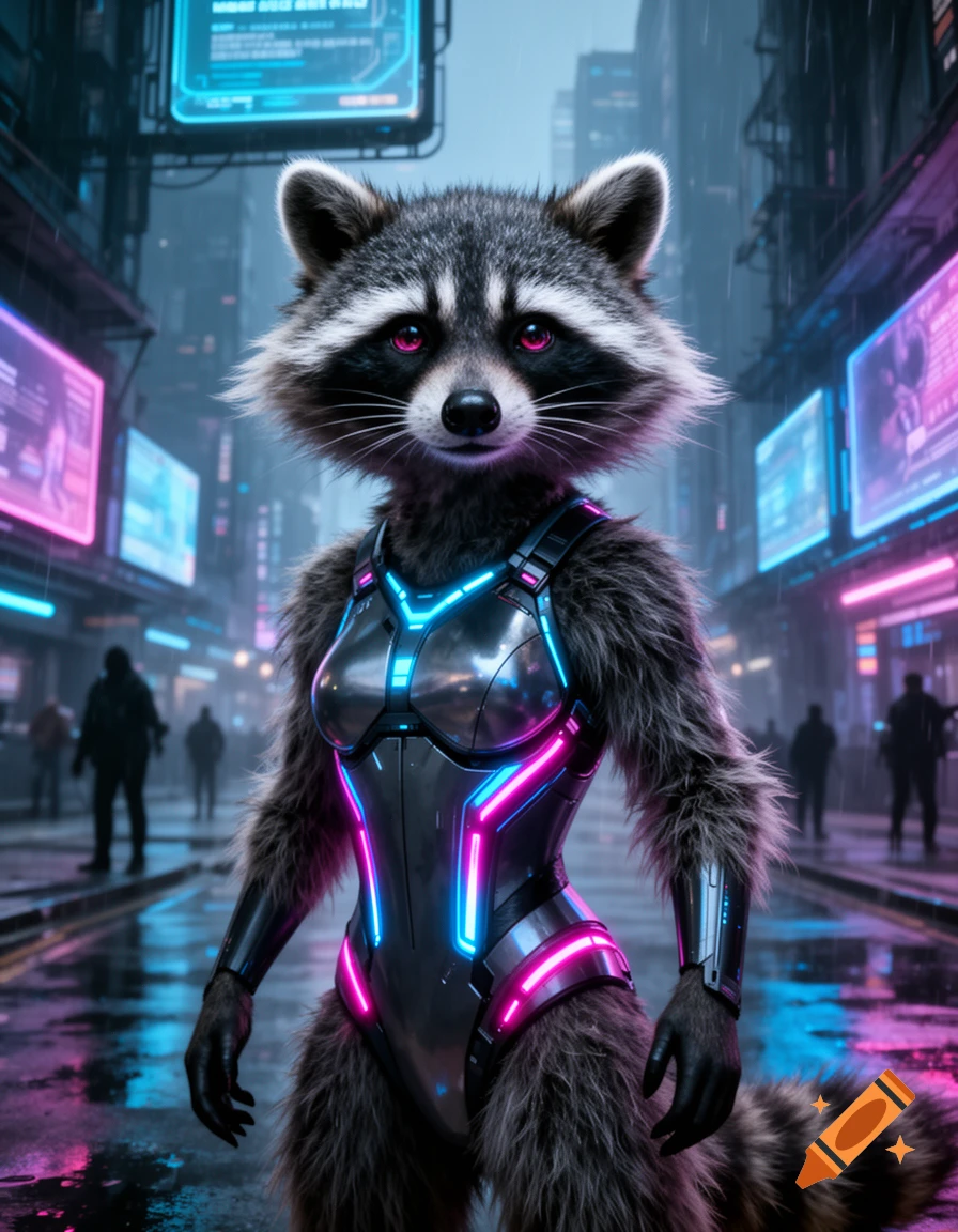 An anthropomorphic raccoon in a glowing cyberpunk suit stands on a rainy city street lined with neon signs.