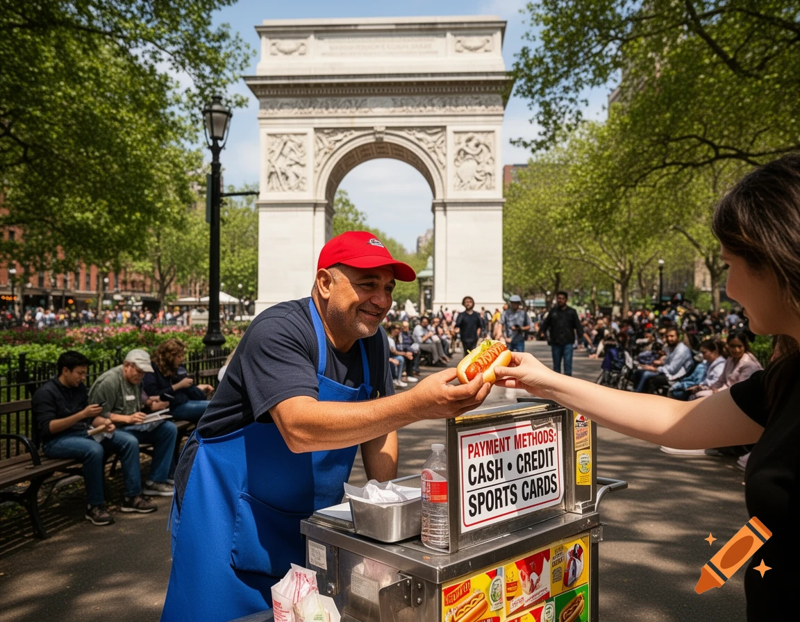 A hot dog vendor hands a customer a hot dog in Washington Square Park, with the Washington Square Arch in the background.