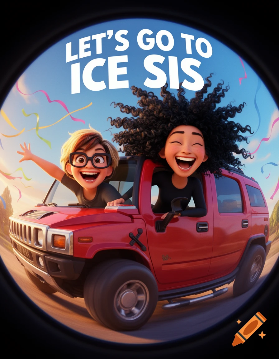 Two joyful cartoon women in a red Hummer with a fish-eye lens effect, under text "LET'S GO TO ICE SIS."