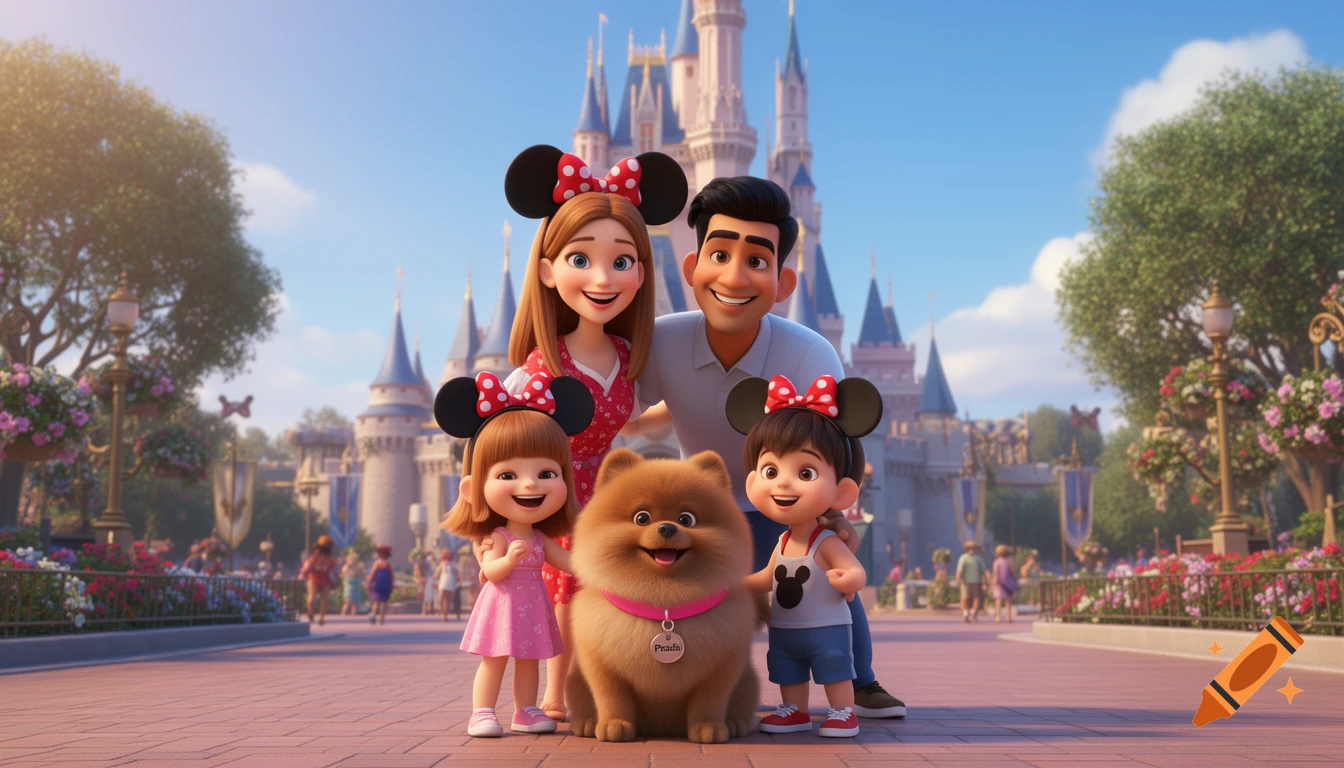 A 3D animated family, including two parents, two children, and a fluffy Pomeranian dog, pose happily in front of Cinderella Castle at Disneyland.