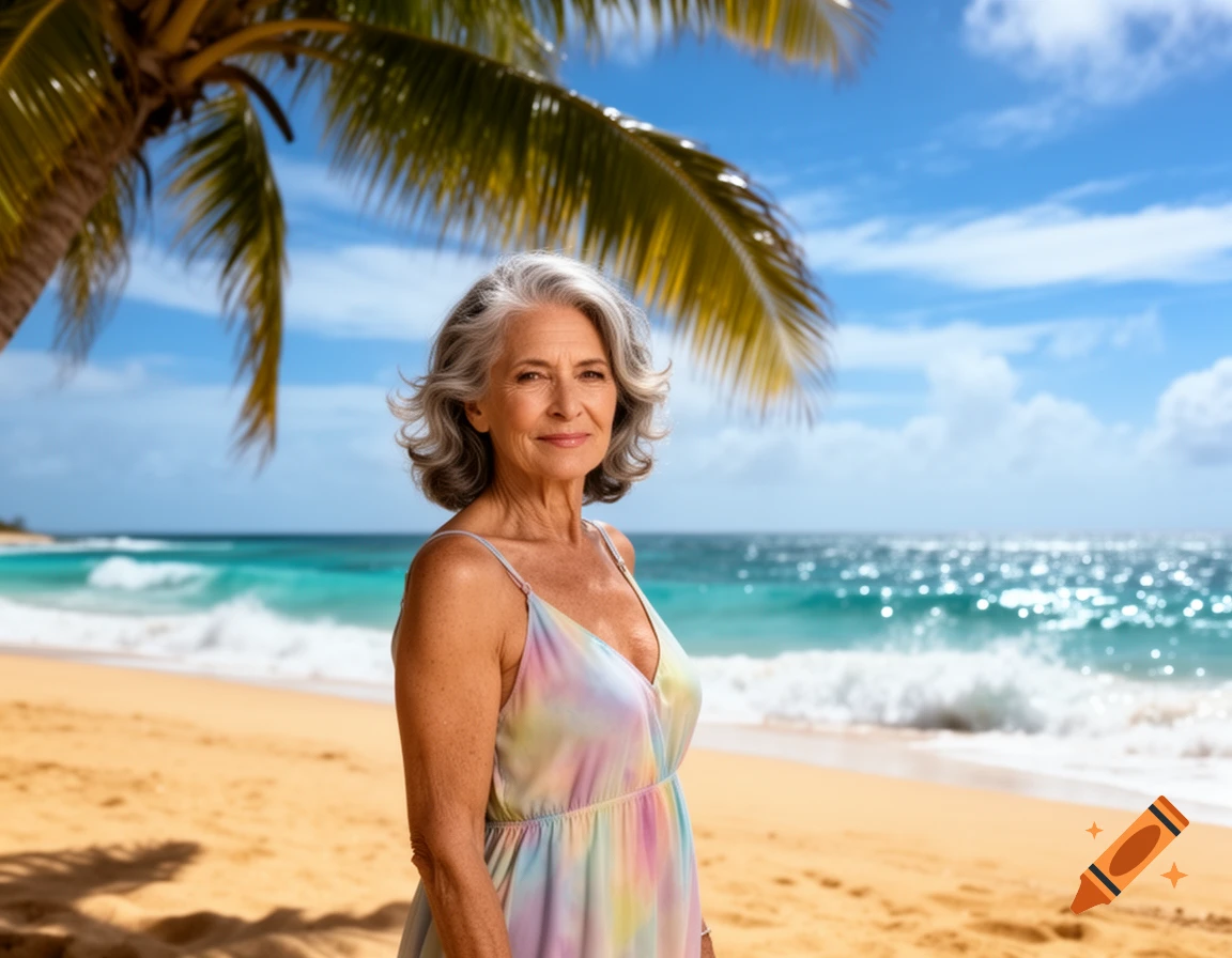An elderly woman with gray hair in a colorful sundress smiles on a sunny Caribbean beach.