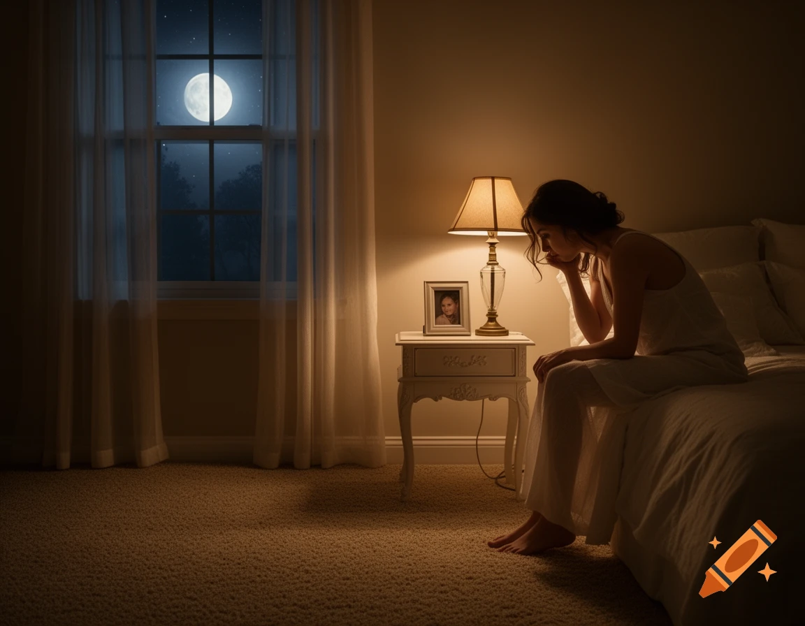 A sad woman sits on a bed in a dimly lit bedroom, illuminated by a lamp and a full moon outside the window.