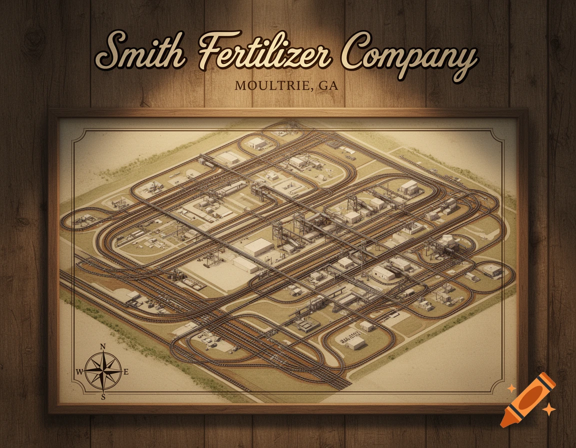 A vintage-style map of a large industrial complex with numerous railway tracks, framed on a wooden wall. The text "Smith Fertilizer Company MOULTRIE, GA" is above the map.