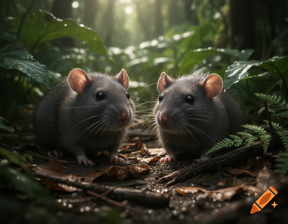 Two small brown rats with large ears sitting among wet leaves and dirt in a sunlit forest.