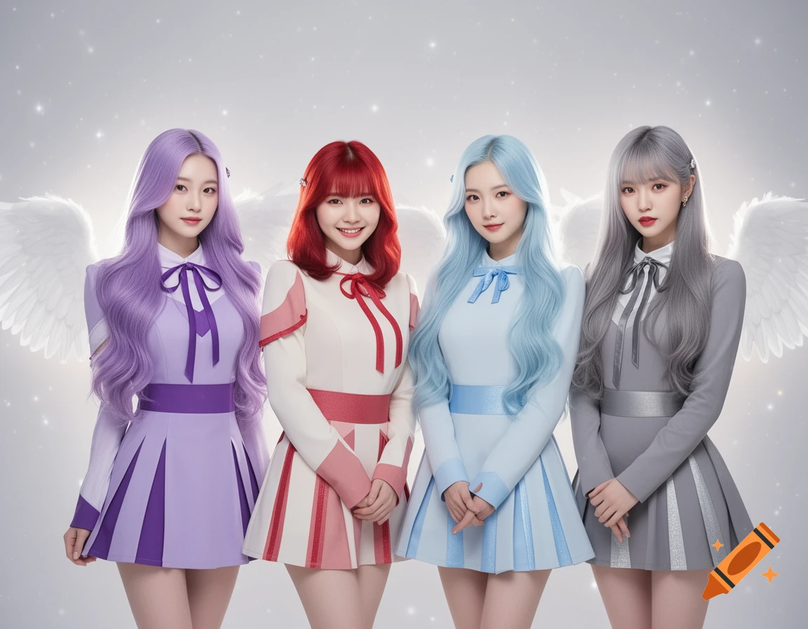 Four K-Pop girl group members with long colored hair (purple, red, light blue, gray) and angel wings stand in matching stylized dresses.